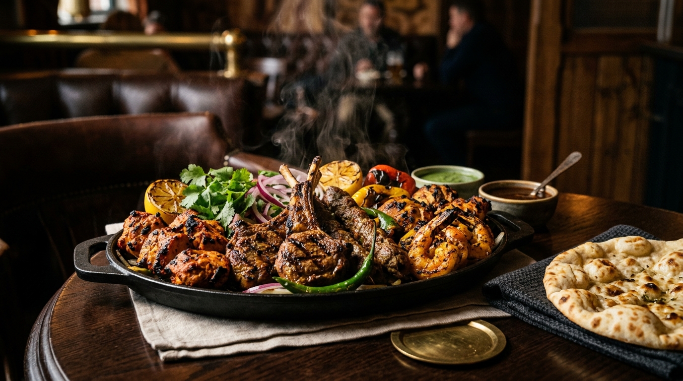 Sizzling tandoori Indian grill platter at The Old Stags Head