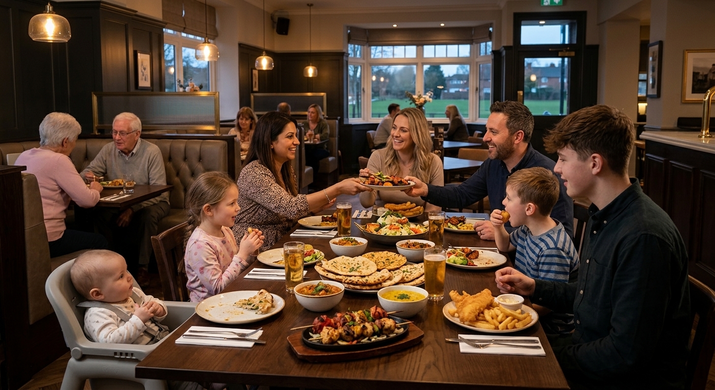 Family and friends gathering warmly around the dining table at The Old Stags Head